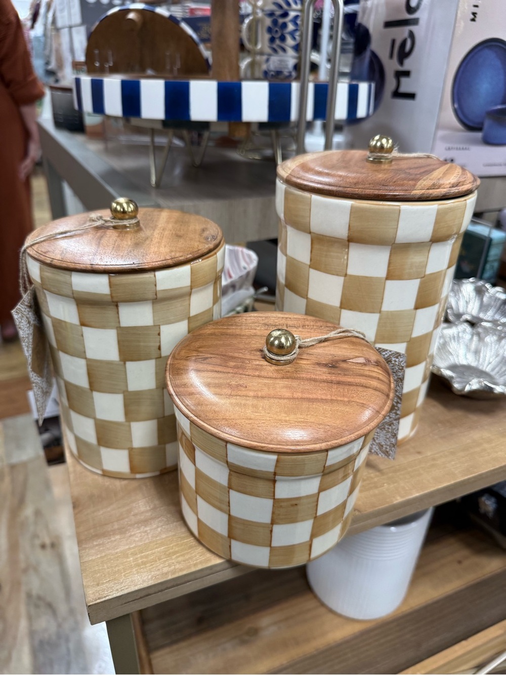 Checkerboard Canister Set of 3 with Wood Lids - White & Tan